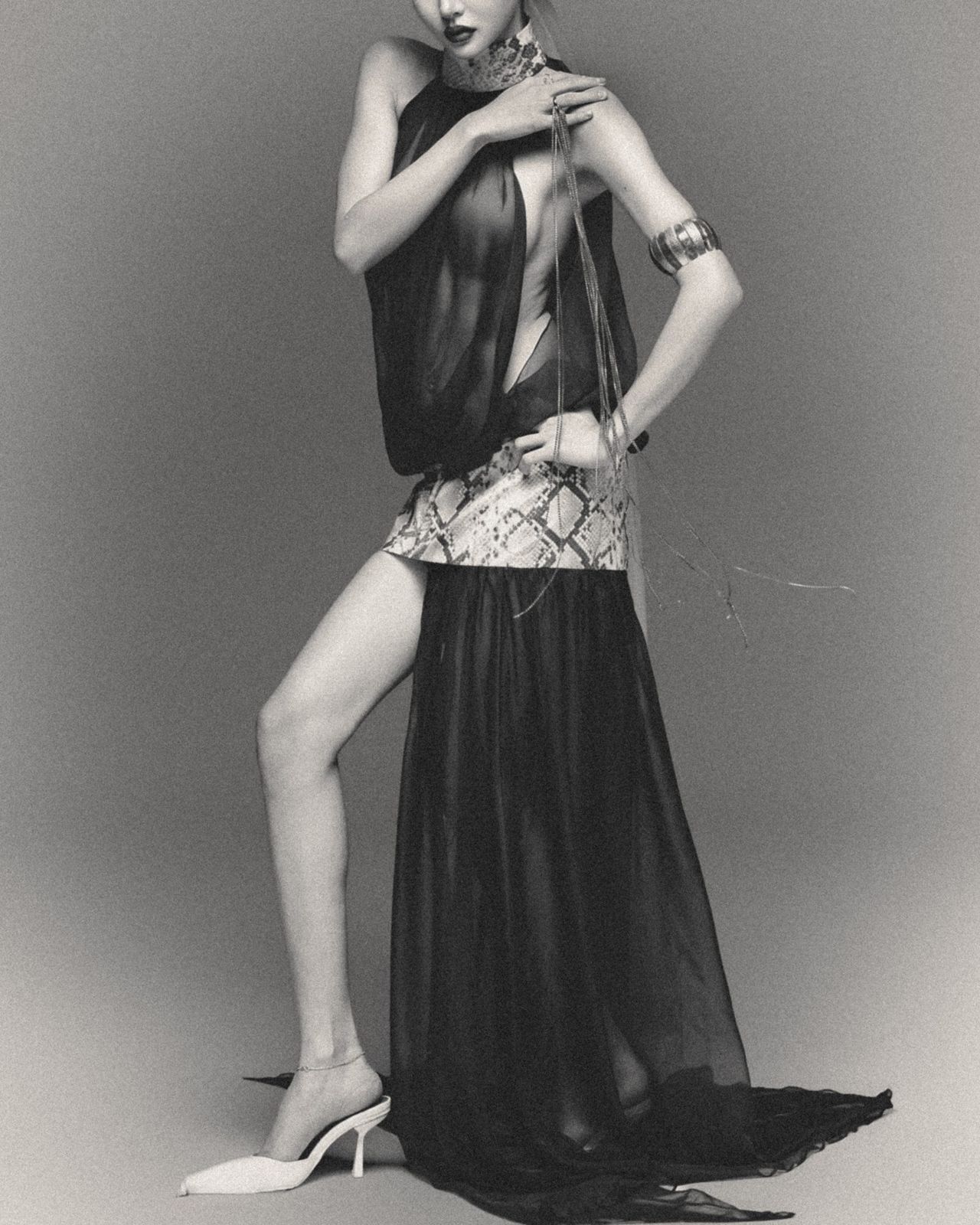 Black-and-white full-length portrait